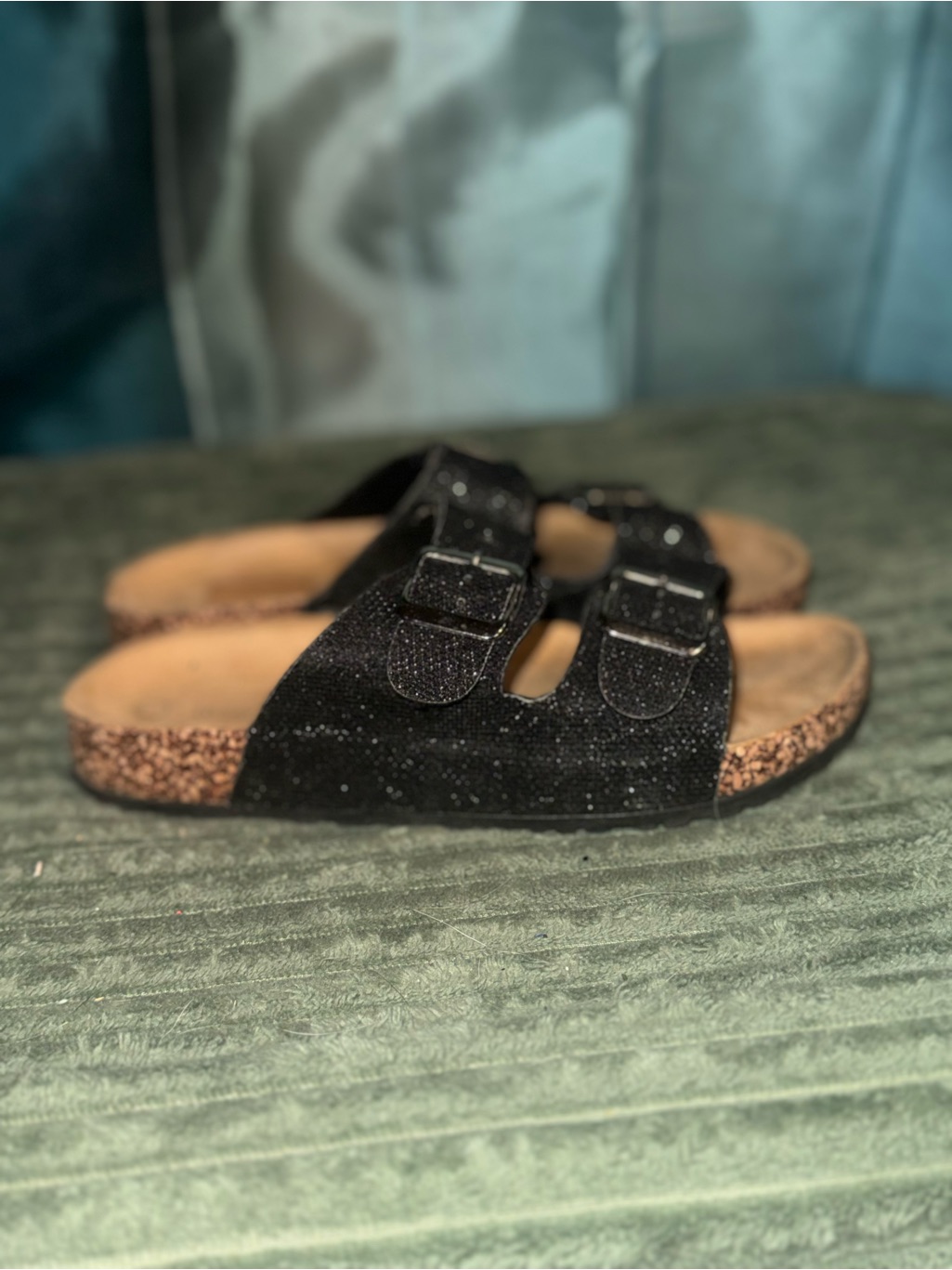 Ashley Blue Black Glitter Slip-On Double Buckle Sandals